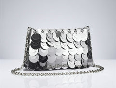 Silver Sequin Clutch Purse with Removable Chain Strap | Metallic Statement Evening Bag