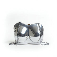 Silver Sculptural Clutch Purse with Removable Chain Strap | Metallic Statement Evening Bag