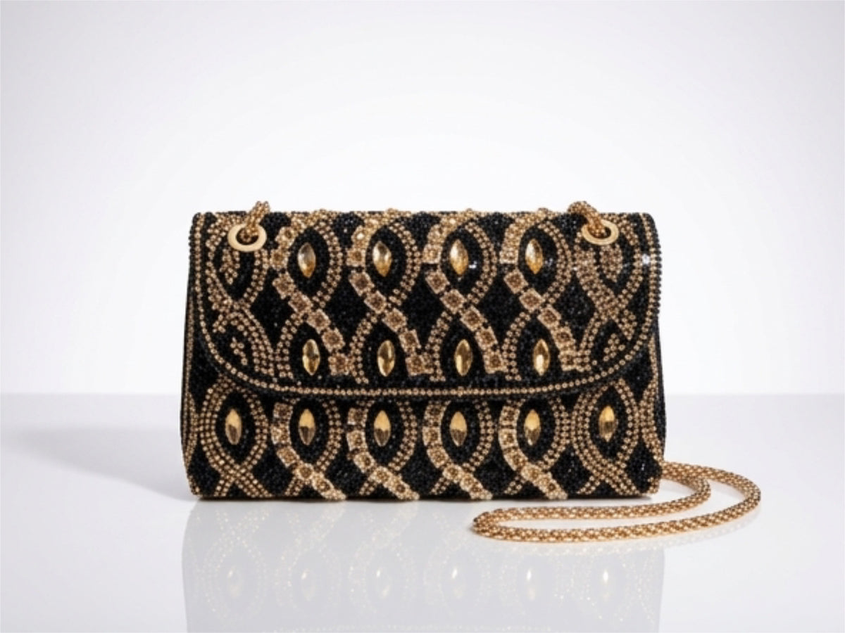 Black & Gold Embellished Clutch Purse with Adjustable Chain Strap | Luxury Evening Bag