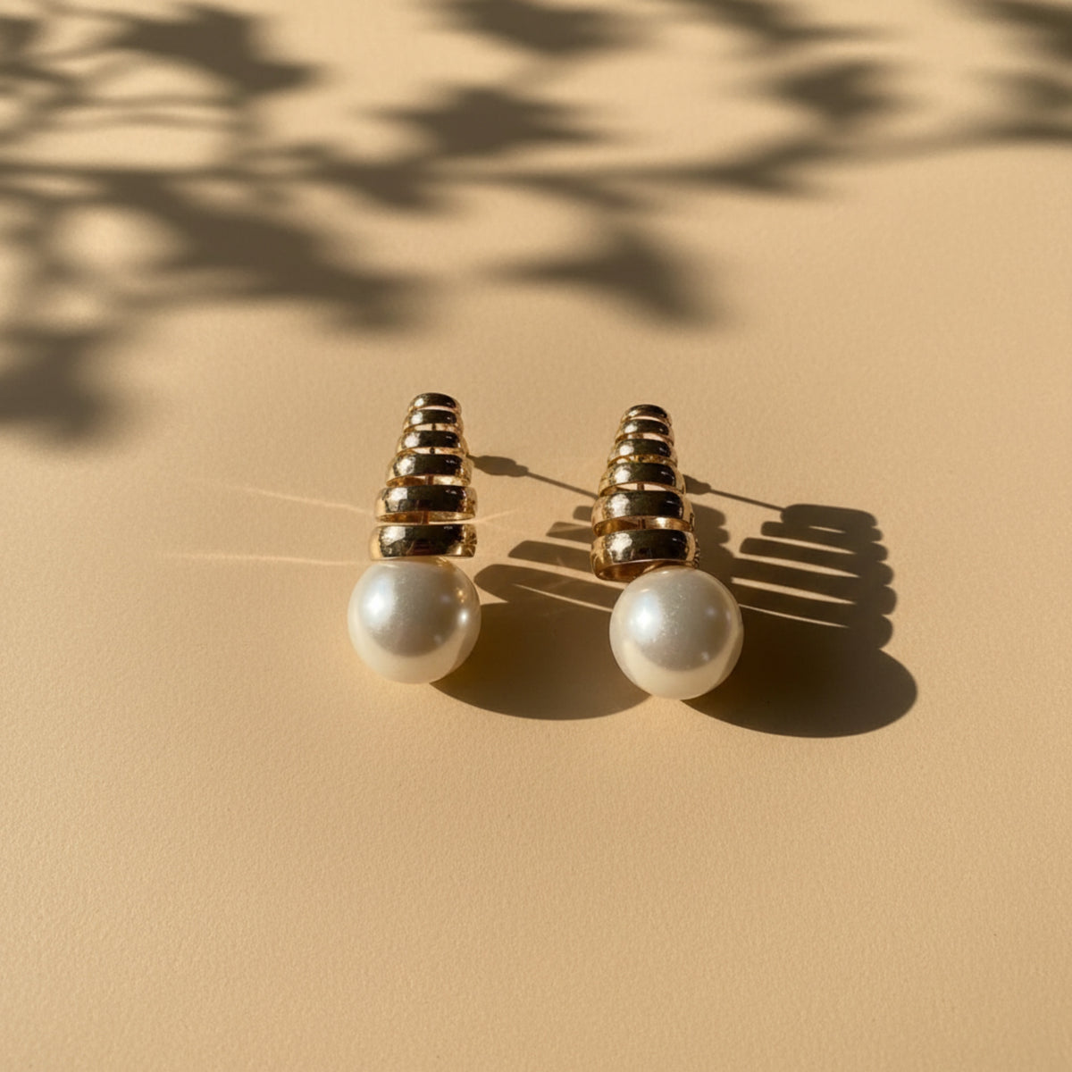 Gold Ribbed Pearl Drop Earrings