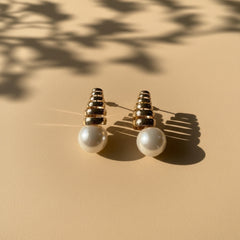 Gold Ribbed Pearl Drop Earrings