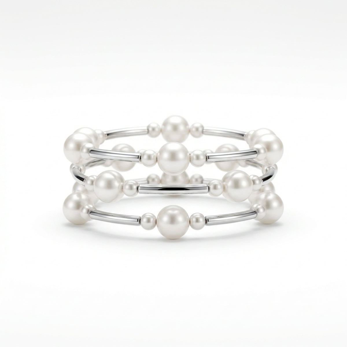 3pcs-Luxe Pearl & Silver Ball Station Stretch Bracelet Set