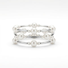 3pcs-Luxe Pearl & Silver Ball Station Stretch Bracelet Set