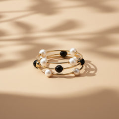 3pcs-Black, Ivory,Gold Ball Station Stretch Bracelet