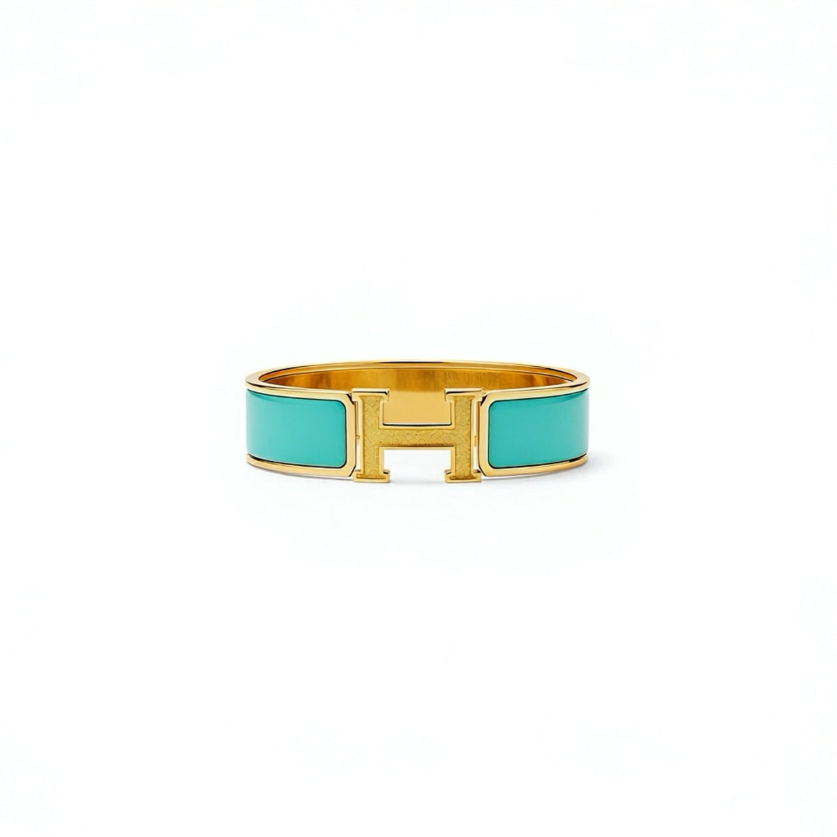 Green H Clack Bracelet - Gold Toned Enamel Cuff
