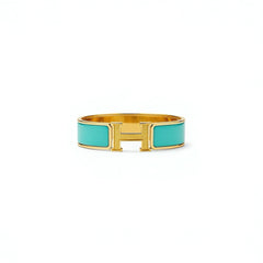 Green H Clack Bracelet - Gold Toned Enamel Cuff