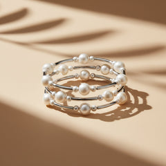 3pcs-Luxe Pearl & Silver Ball Station Stretch Bracelet Set