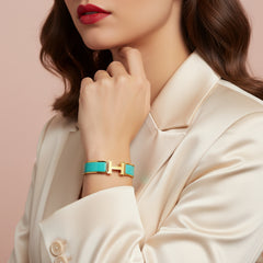 Green H Clack Bracelet - Gold Toned Enamel Cuff