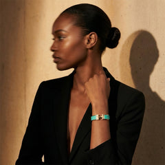 Green H Clack Bracelet - Gold Toned Enamel Cuff