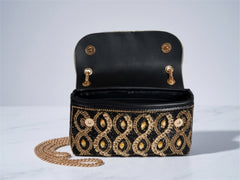 Black & Gold Embellished Clutch Purse with Adjustable Chain Strap | Luxury Evening Bag