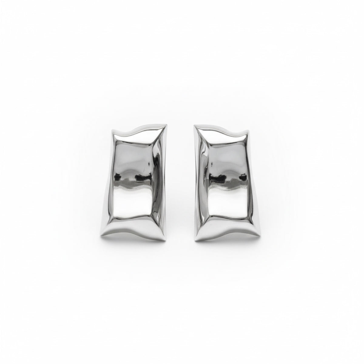 Silver Sculptural Rectangle Stud Earrings – Modern Polished Statement Studs