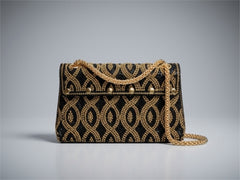 Black & Gold Embellished Clutch Purse with Adjustable Chain Strap | Luxury Evening Bag