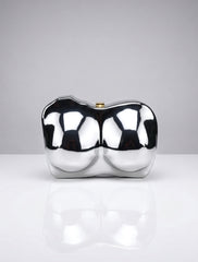 Silver Sculptural Clutch Purse with Removable Chain Strap | Metallic Statement Evening Bag