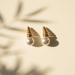 Gold Ribbed Pearl Drop Earrings