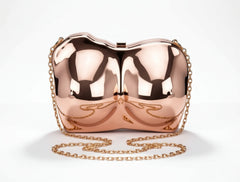 Rose Gold Sculptural Clutch Purse with Removable Chain Strap | Metallic Statement Evening Bag