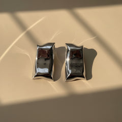Silver Sculptural Rectangle Stud Earrings – Modern Polished Statement Studs